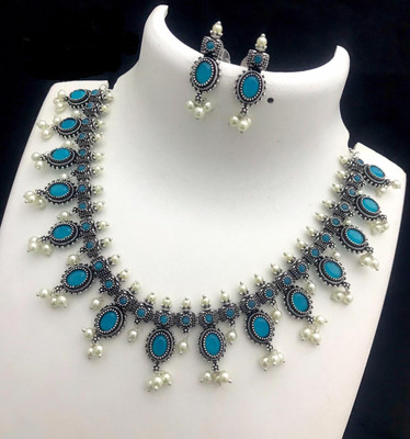 PBM CREATIONS Oxidised Silver Blue Jewellery Set(Pack of 1)
