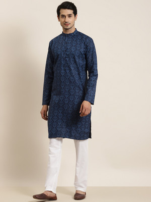 SOJANYA Men Printed Straight Kurta(Dark Blue)