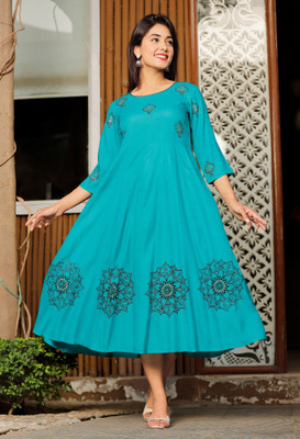 Taranjal Women Printed Anarkali Kurta(Green)