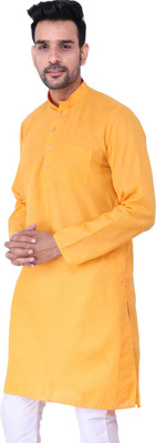 Sadree Men Solid Asymmetric Kurta(Yellow)