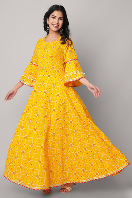 God Bless Women Bandhani Gown Kurta(Yellow)