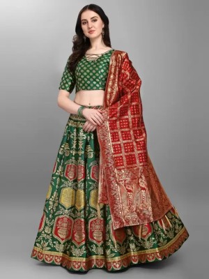 NJ FASHION Solid Semi Stitched Lehenga Choli(Green)