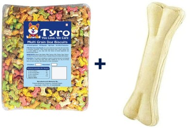 Tyro 1Kg Multi-Grain Dog Biscuit (Mix Flavors) + 1Pc 6Inch High Protein Bone Chicken, Mutton, Egg, Spinach, Milk 1 kg Dry Adult, New Born, Young, Senior Dog Food