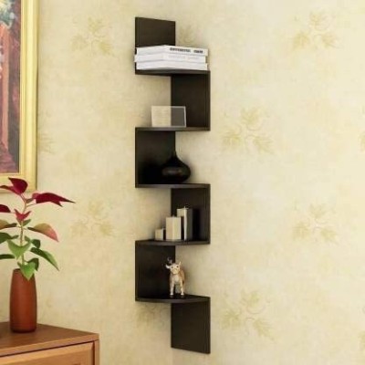 woodinto Engineered Wood High-Glossy Zig Zag Shape Corner Wall Mount Shelf Unit for Wooden Wall Shelf(Number of Shelves - 5, Brown)