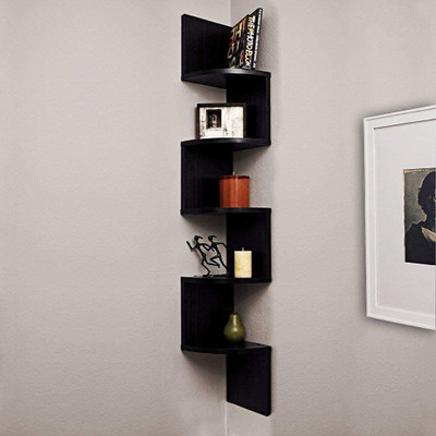 woodinzo Wall shelf Zigzag Corner Wall Mount Shelf Unit/Racks and Shelves/Wall Shelf MDF (Medium Density Fiber) Wall Shelf(Number of Shelves - 5, Black)
