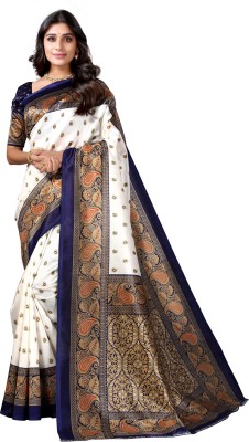 Siril Printed, Geometric Print, Floral Print Madhubani Cotton Silk Saree(Dark Blue, White)