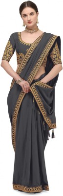 IRIS Embroidered Bollywood Pure Silk Saree(Grey)