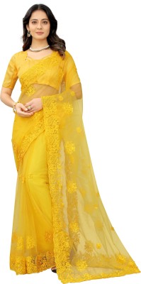 Lifestyle Designer Embroidered Bollywood Net Saree(Yellow)