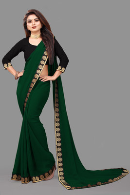 Jevlan Solid/Plain Jamdani Art Silk Saree(Dark Green)