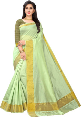 Endues Solid/Plain Kasavu Cotton Silk Saree(Green)