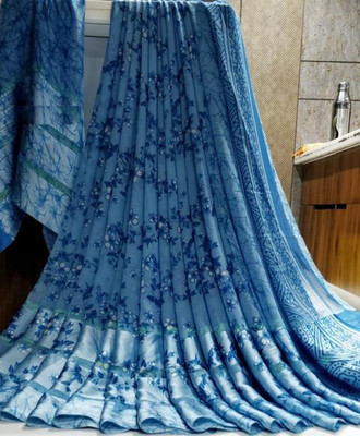 Bombey Velvat Fab Printed Sambalpuri Georgette, Crepe Saree(Light Blue, White)