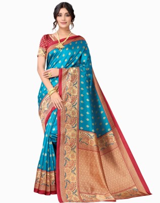 SIRIL Printed, Geometric Print Kanjivaram Cotton Silk Saree(Blue, Beige)