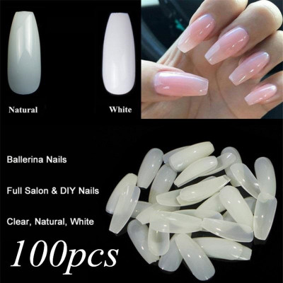KAIASHA Reusable 100 Tips Fake Acrylic Artificial Nails With Glue White WHITE(Pack of 100)