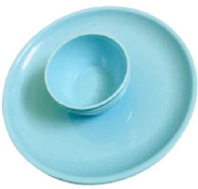 Kanha Pack of 8 Plastic Round Ocean Blue Full Size 4 Dinner Plate ||4 Veg. Bowl Plastic Microwave Safe Dinner Plates (Set of 8; Plate Size:- 11 Inches Dinner Set(Beige, Microwave Safe)