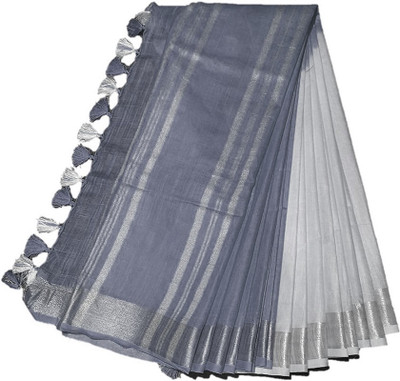 govind handloom Solid/Plain Bhagalpuri Cotton Linen Saree(Grey)