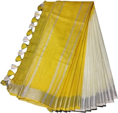 govind handloom Solid/Plain Bhagalpuri Cotton Linen Saree(Yellow)