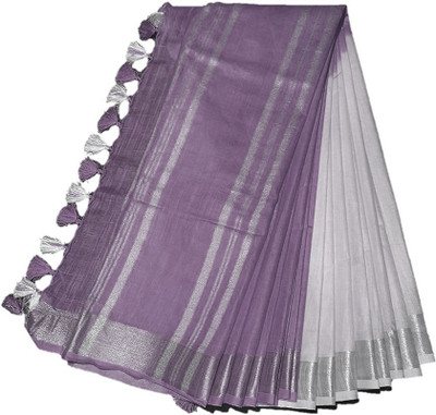 govind handloom Solid/Plain Mysore Cotton Linen Saree(White)