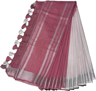 govind handloom Solid/Plain Handloom Cotton Linen Saree(White)