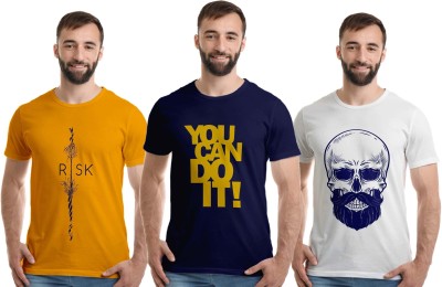 Boodbuck Graphic Print Men Round Neck Dark Blue, White, Yellow T-Shirt