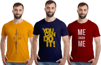 Boodbuck Graphic Print Men Round Neck Dark Blue, Maroon, Yellow T-Shirt