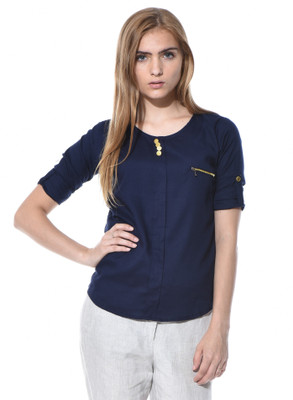 Aditii's Mantra Casual 3/4 Sleeve Solid Women Blue Top