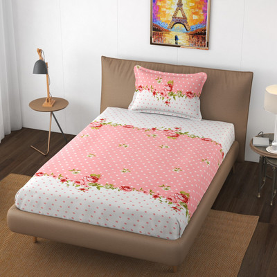 YaAkholic 260 TC Microfiber Single Printed Flat Bedsheet(Pack of 1, White & Pink)