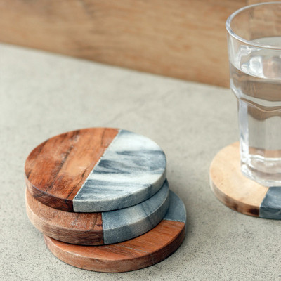 Unravel India Round Reversible Marble Coaster Set(Pack of 4)