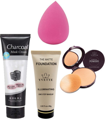 YVETTE FOUNDATION 60g, Charcoal Face Mask, Compact Powder, Blender Spounge(4 Items in the set)