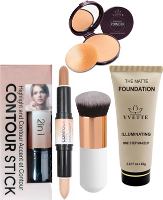 YVETTE FOUNDATION 60g, Highlighter and Contour Stick, Foundation Brush, Compact Powder(4 Items in the set)