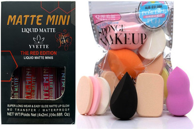 YVETTE MATTE Mini Liquid Lipstick (RED Edition, 4 pcs.), Sponge and Makeup Puff Pack(2 Items in the set)