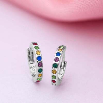 ZAVYA Rhodium Plated Tiny Rainbow Stone Hoop \| With Certificate of Authenticity Sterling Silver Hoop Earring