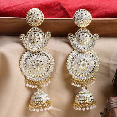 Kwickk Traditional Ethnic White Color Oxidized long Jhumka Earrings for Women and Girls Alloy Jhumki Earring, Drops & Danglers, Chandbali Earring