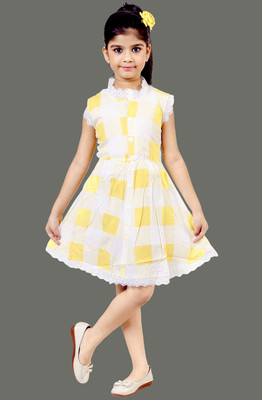 Mojua Girls Midi/Knee Length Casual Dress(Yellow, Short Sleeve)