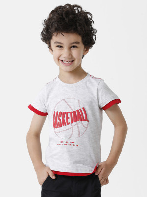 Kate & Oscar Boys Typography, Printed Cotton Blend Regular T Shirt(Grey, Pack of 1)