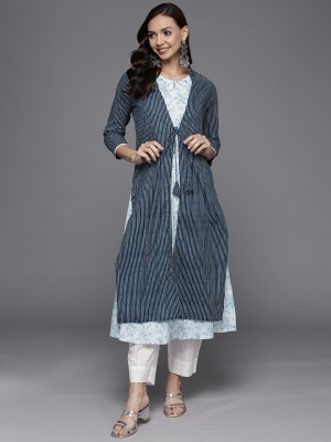 Indo Era Women Striped Straight Kurta(Blue)