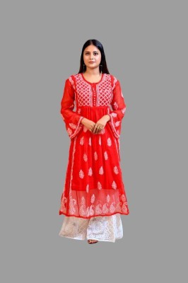 FAWOMENT Women Chikan Embroidery A-line Kurta(Red)