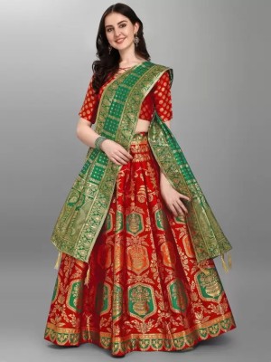 QEXTY Printed Semi Stitched Lehenga Choli(Red)