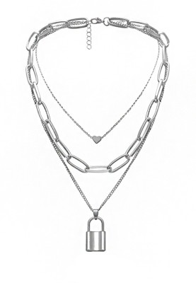 Kairangi ilver-Plated Western Key Heat Locket Multi layered Chain Necklace Alloy Necklace