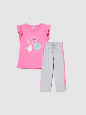 MAX Girls Graphic Print Pink, Grey Top & Pyjama Set