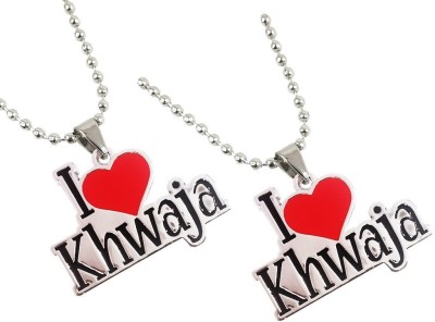 Airtick (Set Of 2 Pcs) God Allah Quran Islamic I Love Khwaja Letter Heart Locket Pendant Stainless Steel Pendant Set