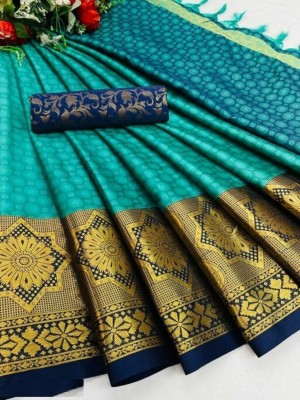 Hensi sarees shop Checkered Paithani Pure Silk, Art Silk Saree(Dark Blue, Light Green)