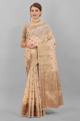 nikchi hub Self Design, Embroidered Banarasi Cotton Blend Saree(Beige)