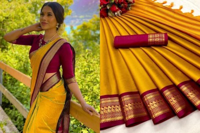 Bhakti Creation Woven Banarasi Cotton Silk Saree(Mustard)