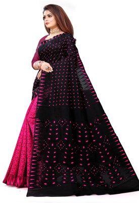 tapovan fashion Printed Jamdani Cotton Blend Saree(Black)