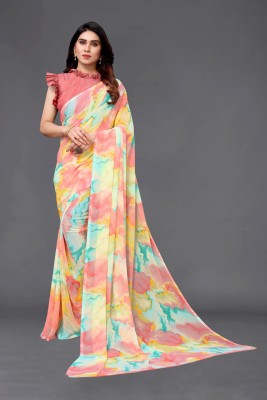 sareya veela Geometric Print, Embellished Bollywood Georgette Saree(Light Blue, Green, Pink)