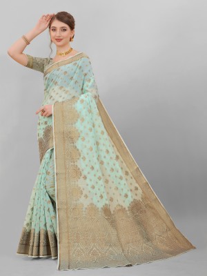 WEYLIN Woven Banarasi Jacquard, Cotton Silk Saree(Light Blue)