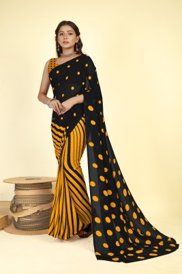 kashvi sarees Striped, Polka Print Daily Wear Georgette Saree(Black, Yellow)