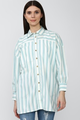 FOREVER 21 Women Striped Casual Green Shirt