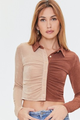 FOREVER 21 Women Color Block Casual Brown Shirt