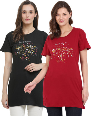 RRAVAYKI Printed Women Round Neck Maroon, Black T-Shirt